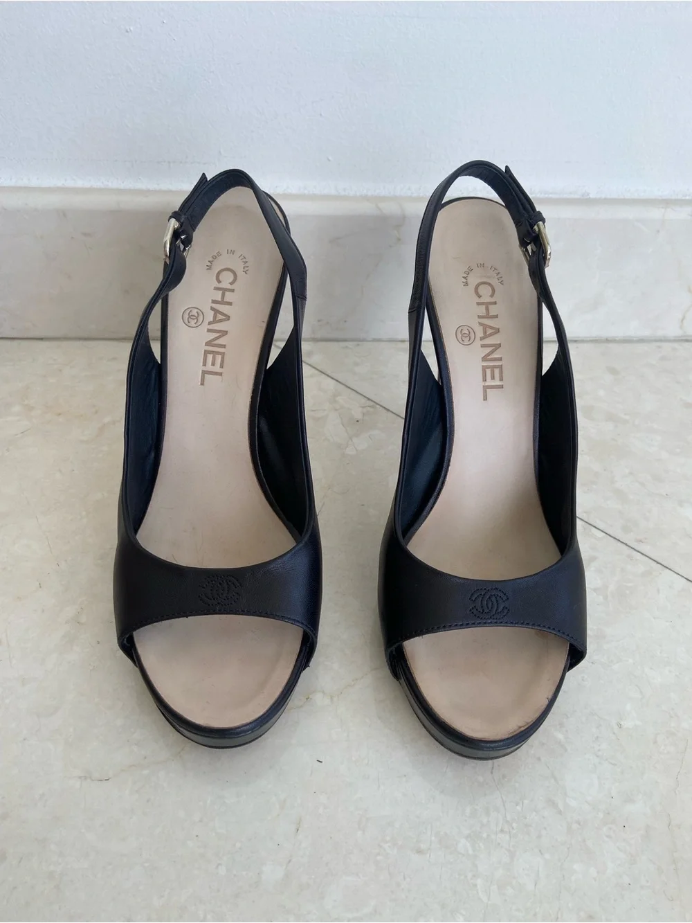 CHANEL Black Leather Open-Toe Slingback Heels 39.5 in Box with Dust bag